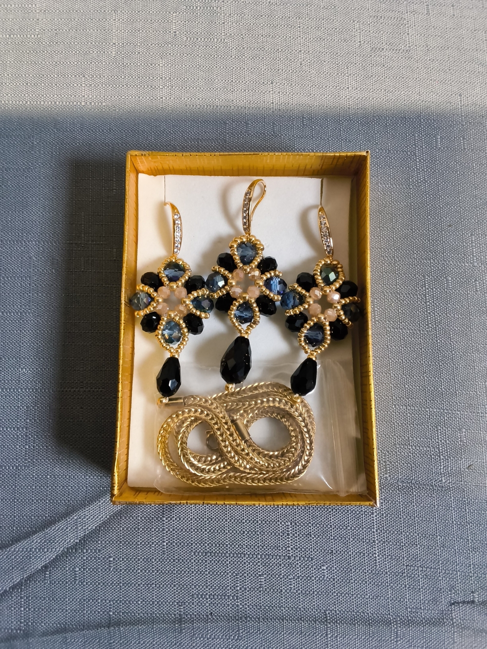 Gold-Tone Black & Blue Floral Drop Earrings with Chain